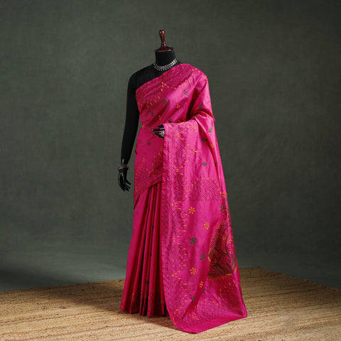 Pink - Bengal Nakshi Kantha Hand Embroidered Silk Saree 27