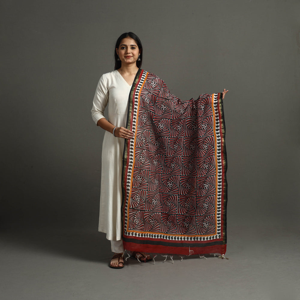 Multicolor - Block Printed Chanderi Silk Bagru Dupatta 26