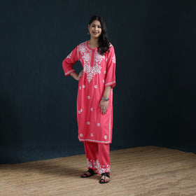 Pink - Hand Embroidered Rayon Chikankari Kurta with Pant Set for Women 07