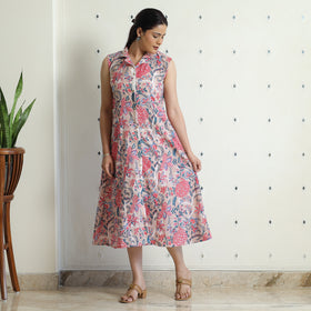  Sanganeri Block Printed Cotton Collared Neck Buttoned Down Dress Online at iTokri.com