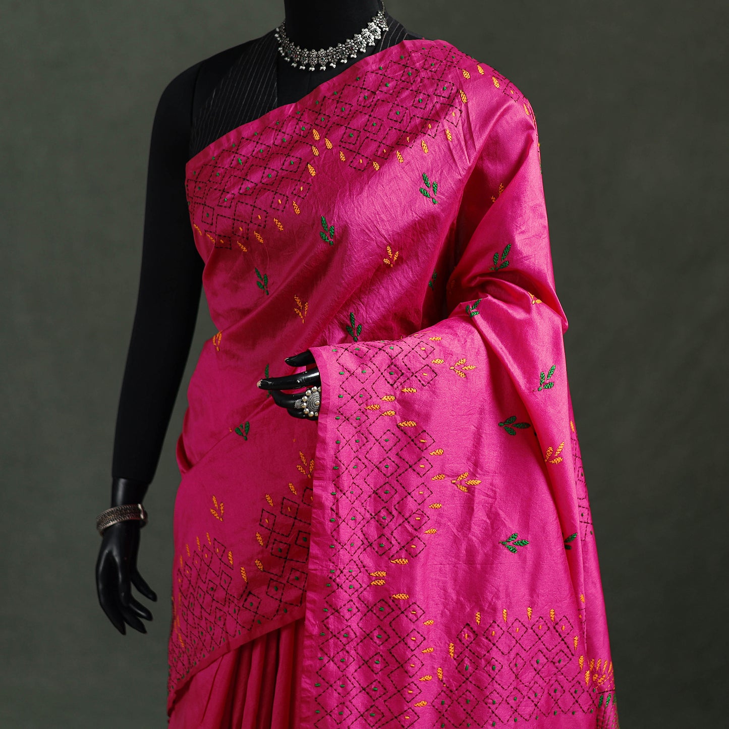 Pink - Bengal Nakshi Kantha Hand Embroidered Silk Saree 27