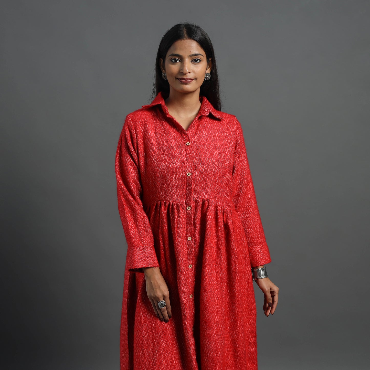 Aaisha Red Plain Button Down Woollen Dress 08