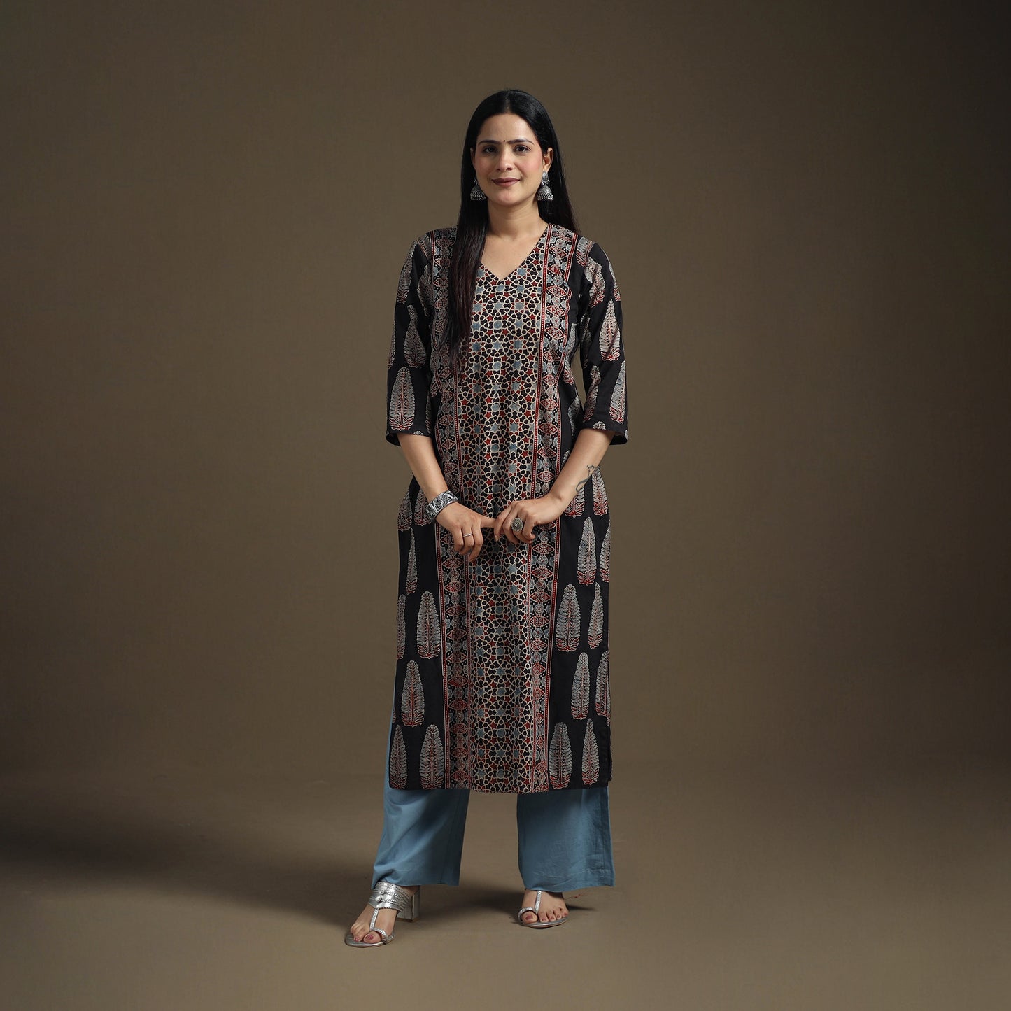 Hand Block Print Cotton Straight Long Ajrakh Kurta for Women 12