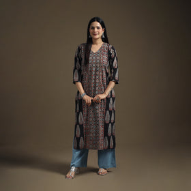 Hand Block Print Cotton Straight Long Ajrakh Kurta for Women 12