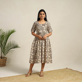  Beige Pedana Block Print Cotton Flared Kalamkari Dress