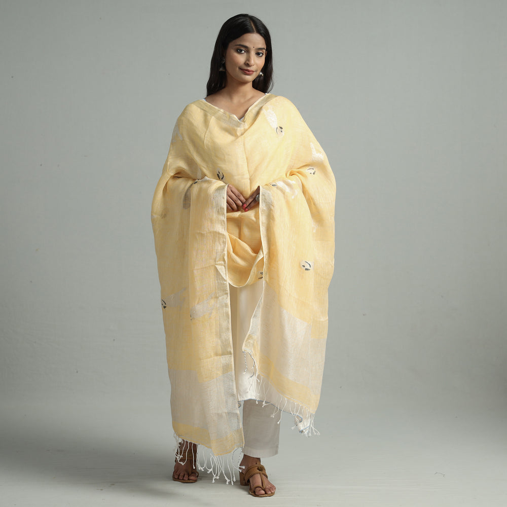 Beige - Bengal Jamdani Handloom Linen Dupatta with Tassels 14