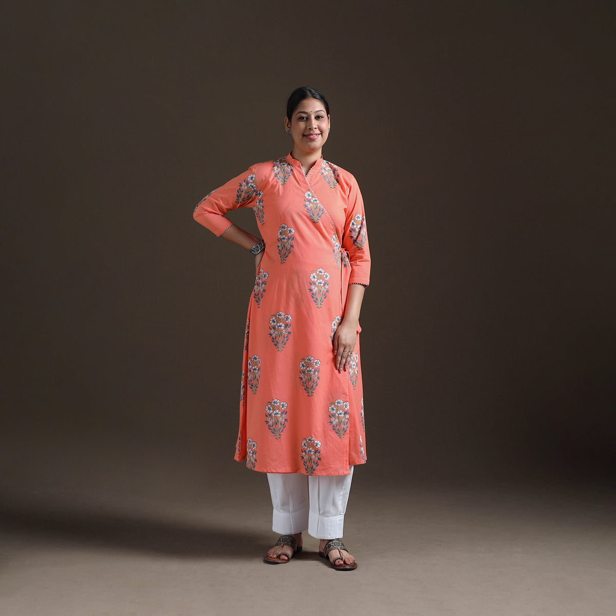 Gota Work Floral Sanganeri Block Print Cotton A-Line Angrakha Kurta for Women 19