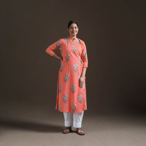 Gota Work Floral Sanganeri Block Print Cotton A-Line Angrakha Kurta for Women 19