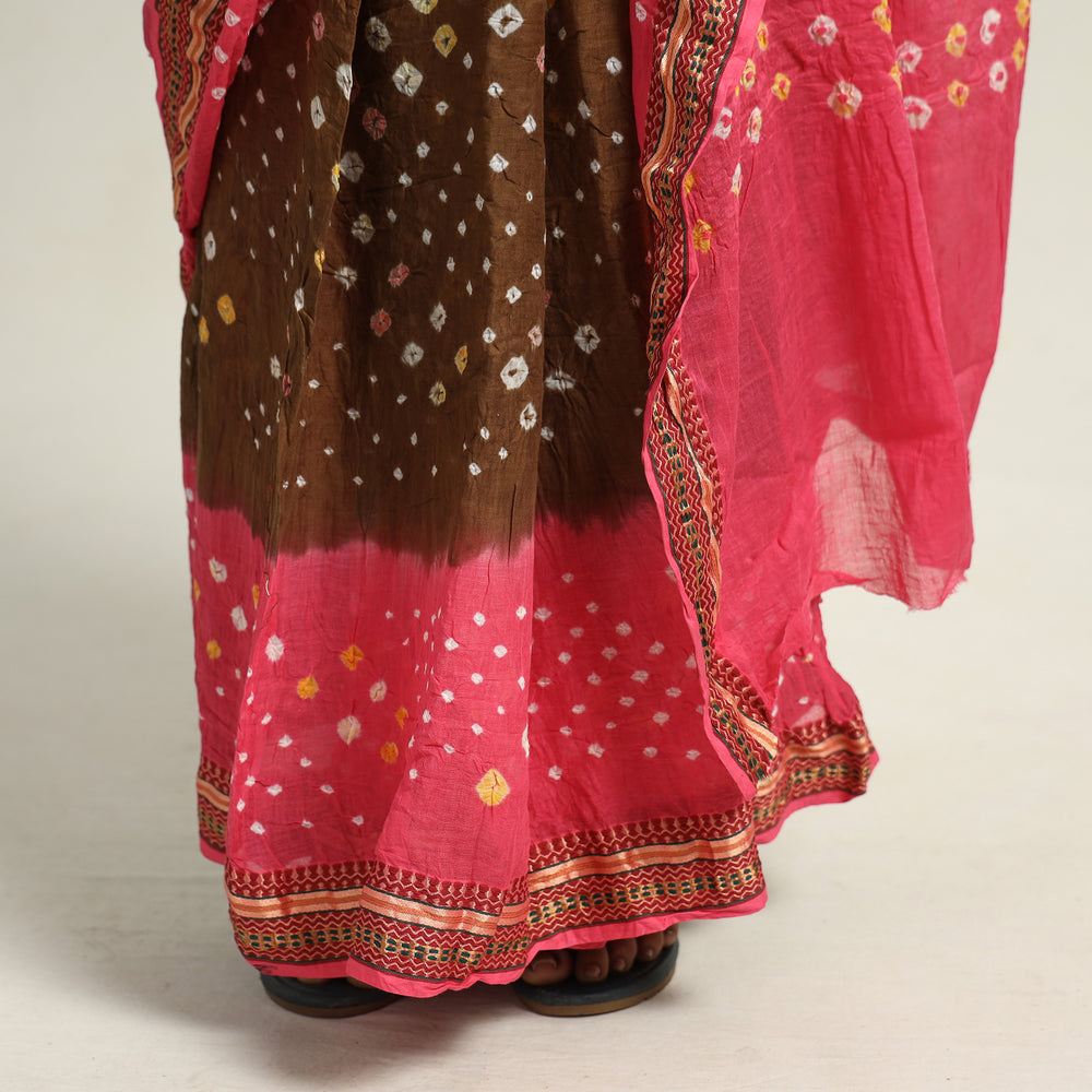 Pink - Kutch Bandhani Tie-Dye Cotton Saree with Blouse Piece