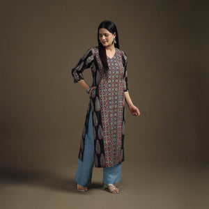 Hand Block Print Cotton Straight Long Ajrakh Kurta for Women 12