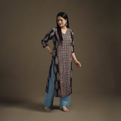 Hand Block Print Cotton Straight Long Ajrakh Kurta for Women 12