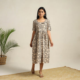  Beige Pedana Block Print Cotton Flared Kalamkari Dress