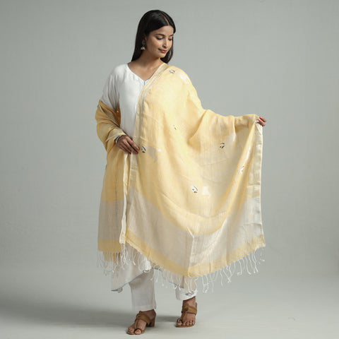 Beige - Bengal Jamdani Handloom Linen Dupatta with Tassels 14