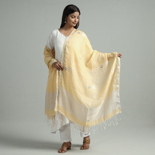 Beige - Bengal Jamdani Handloom Linen Dupatta with Tassels 14