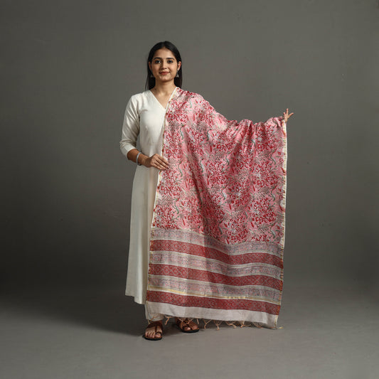 Pink - Block Printed Chanderi Silk Sanganeri Dupatta 27