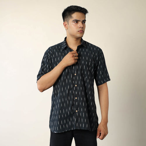 Black - Pochampally Ikat Weave Cotton Men Half Sleeve Shirt 10