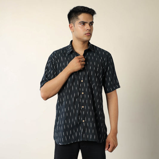 Black - Pochampally Ikat Weave Cotton Men Half Sleeve Shirt 10