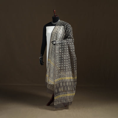 Grey - Gray - Ajrakh Vanaspati Hand Block Print Natural Dyed Kota Doria Cotton Dupatta 15