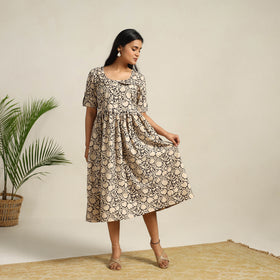  Beige Pedana Block Print Cotton Flared Kalamkari Dress