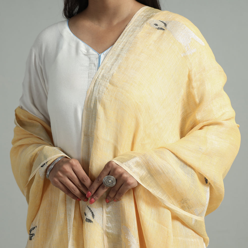 Beige - Bengal Jamdani Handloom Linen Dupatta with Tassels 14