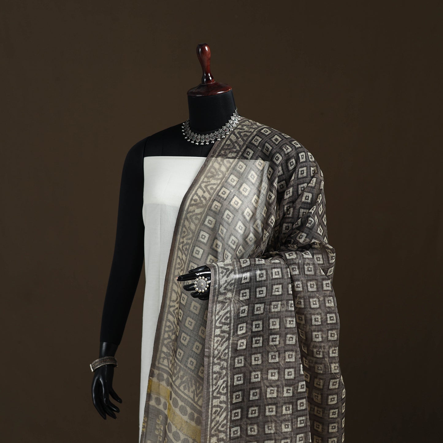 Grey - Gray - Ajrakh Vanaspati Hand Block Print Natural Dyed Kota Doria Cotton Dupatta 15