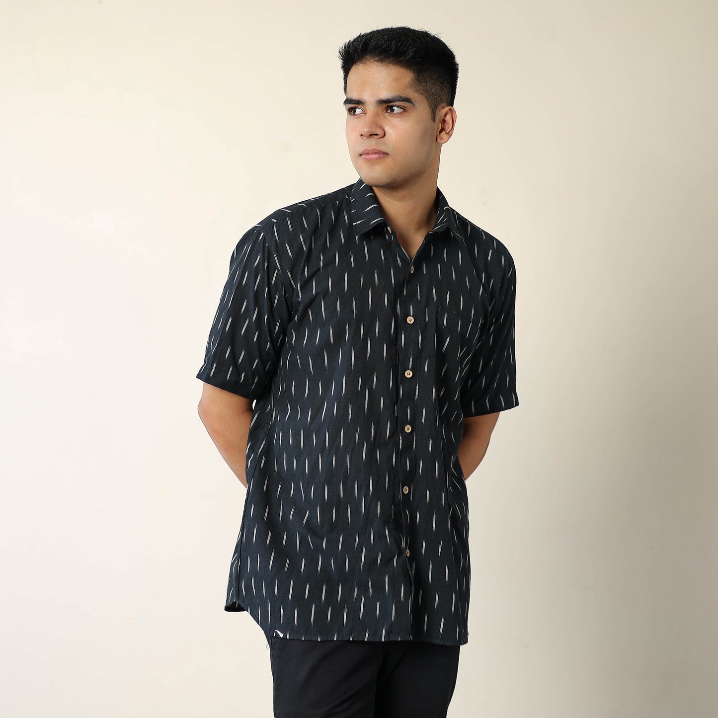 Black - Pochampally Ikat Weave Cotton Men Half Sleeve Shirt 10