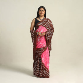 Brown - Kutch Bandhani Tie-Dye Cotton Saree with Blouse Piece