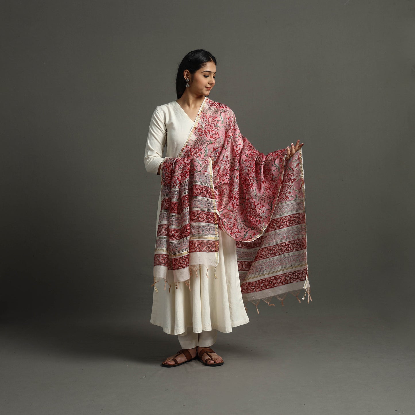 Pink - Block Printed Chanderi Silk Sanganeri Dupatta 27