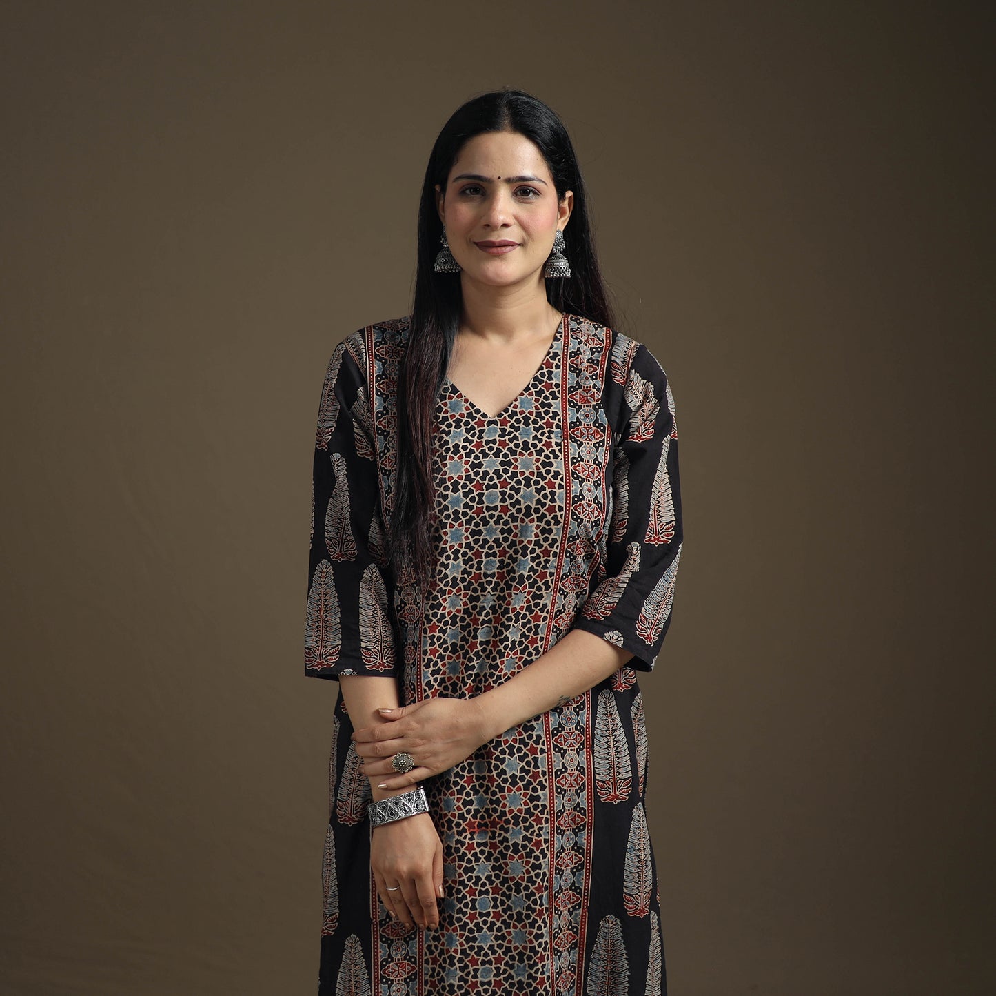 Hand Block Print Cotton Straight Long Ajrakh Kurta for Women 12