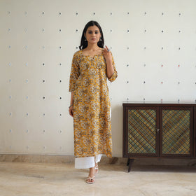Yellow Block Printed Cotton Gota Work Long Bagru Kurta