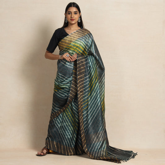 Black - Multicolour Leheriya Tie-Dye Tussar Silk Handloom Saree