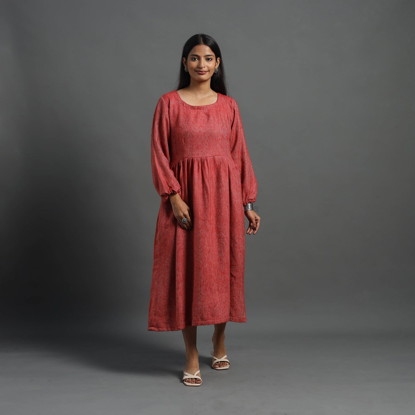 Ruhi Brick Red Plain Flared Woolen Dress 03