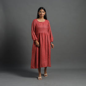  Ruhi Brick Red Plain Flared Woolen Dress 