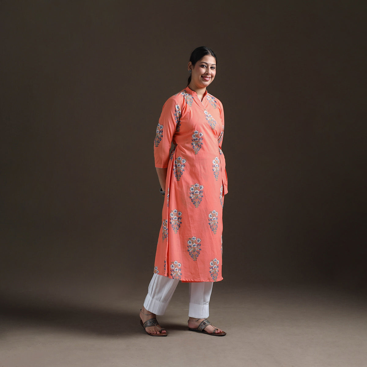 Gota Work Floral Sanganeri Block Print Cotton A-Line Angrakha Kurta for Women 19