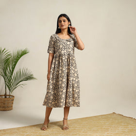  Beige Pedana Block Print Cotton Flared Kalamkari Dress