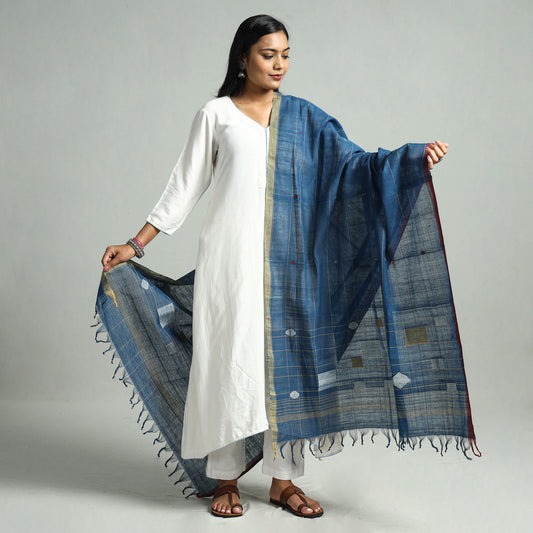 Blue - Godavari Jamdani Buti Handloom Handspun Cotton Dupatta with Tassels 12