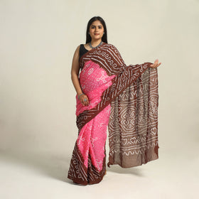 Brown - Kutch Bandhani Tie-Dye Cotton Saree with Blouse Piece