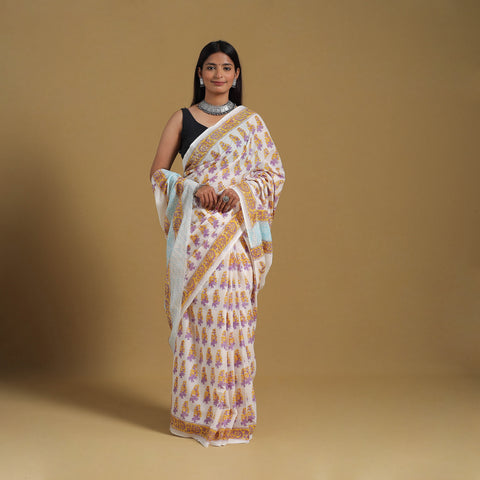 White - Block Print Mul Cotton Sanganeri Saree 03