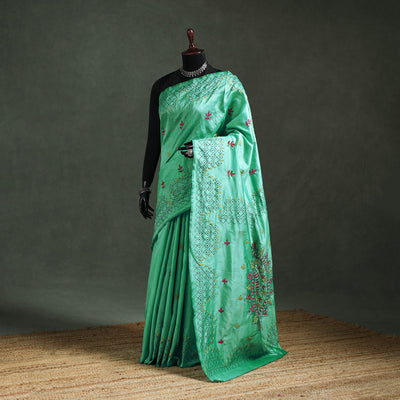 Green - Bengal Nakshi Kantha Hand Embroidered Silk Saree 29