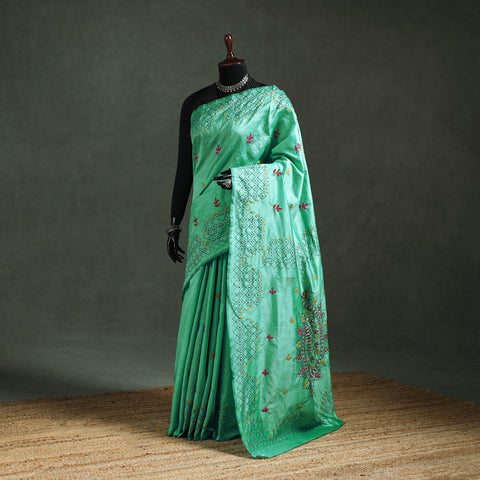 Green - Bengal Nakshi Kantha Hand Embroidered Silk Saree 29