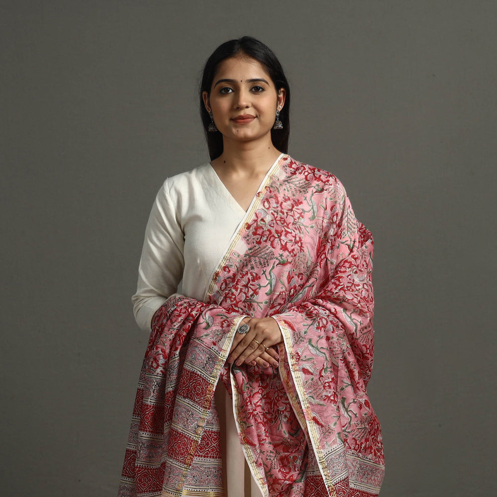 Pink - Block Printed Chanderi Silk Sanganeri Dupatta 27