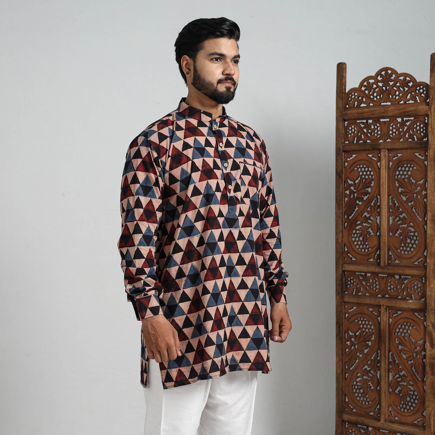 Ajrakh Block Printed Cotton Men Short Kurta 07