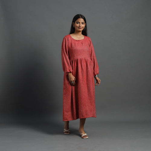 Ruhi Brick Red Plain Flared Woolen Dress 03