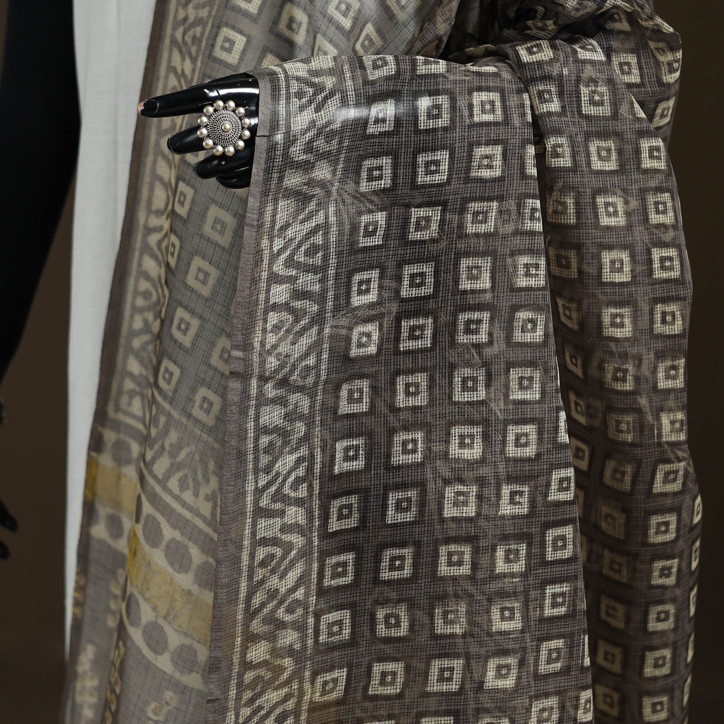 Grey - Gray - Ajrakh Vanaspati Hand Block Print Natural Dyed Kota Doria Cotton Dupatta 15