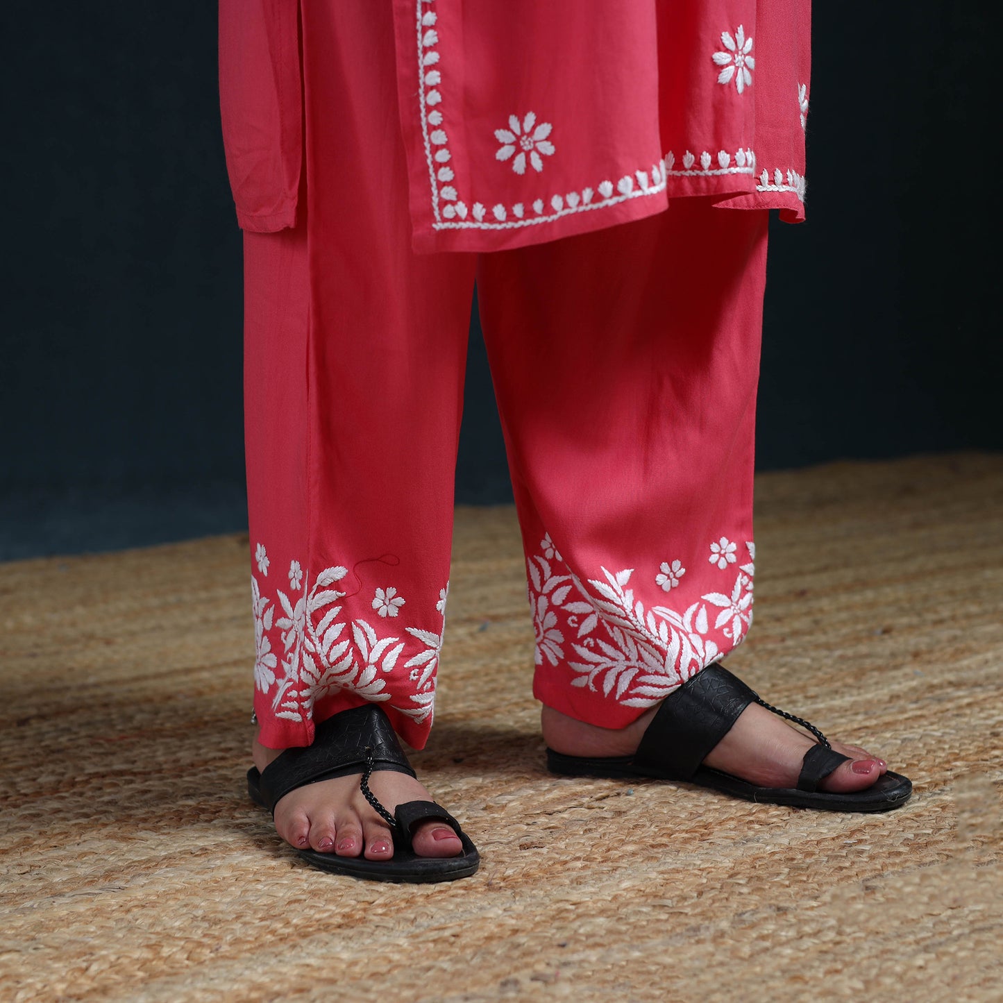 Pink - Hand Embroidered Rayon Chikankari Kurta with Pant Set for Women 07
