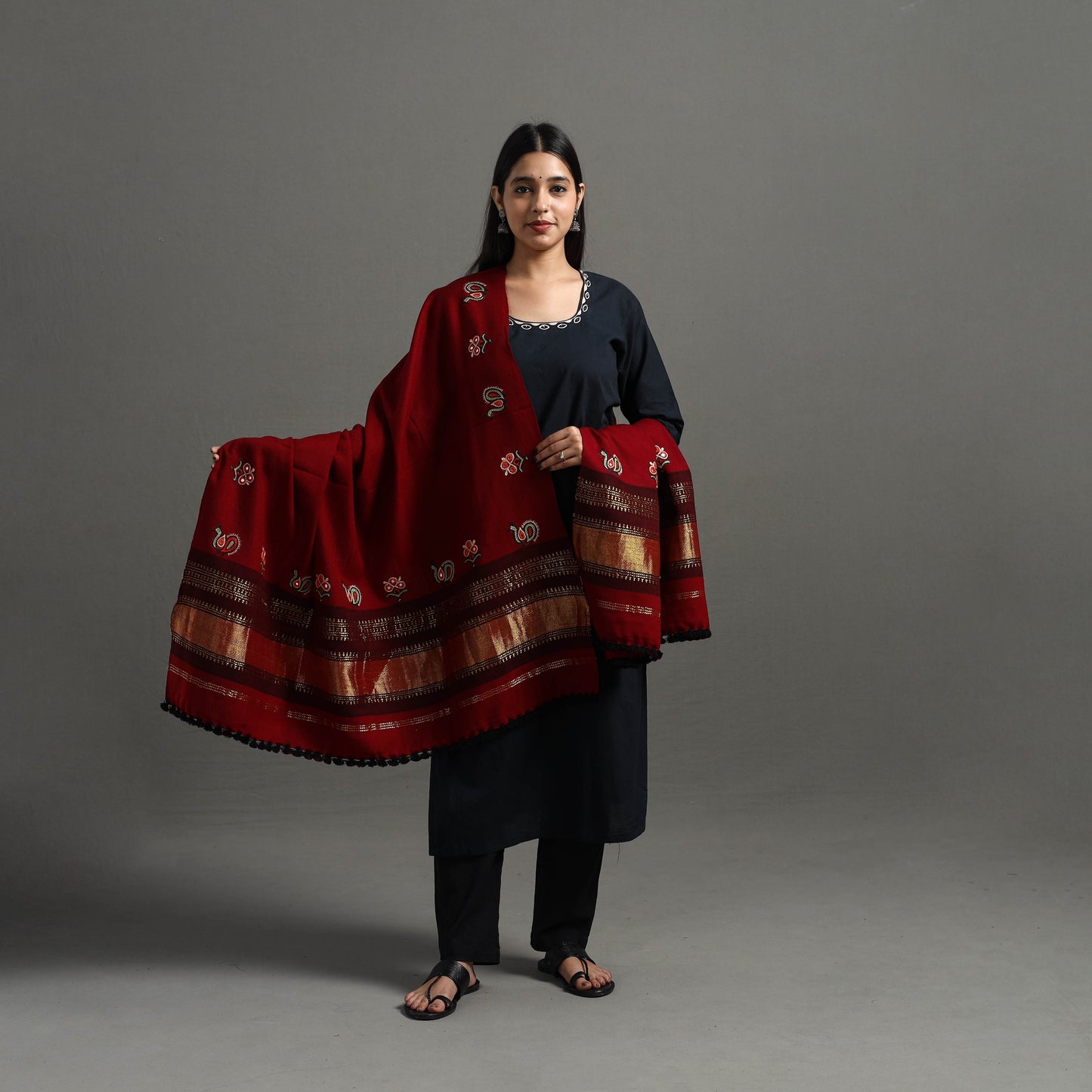 Red - Kutch Ahir Hand Embroidery Woollen Shawl 54