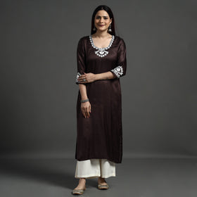Buy Navy Blue Modal Silk Hand Embroidered Long Kurta l iTokri.com