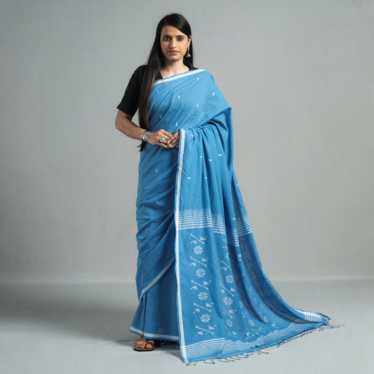 Blue - Phulia Jamdani Handloom Cotton Saree with Tassels