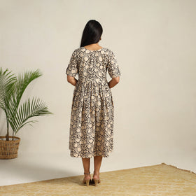  Beige Pedana Block Print Cotton Flared Kalamkari Dress