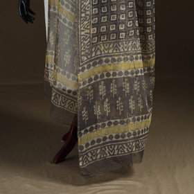 Grey - Gray - Ajrakh Vanaspati Hand Block Print Natural Dyed Kota Doria Cotton Dupatta 15